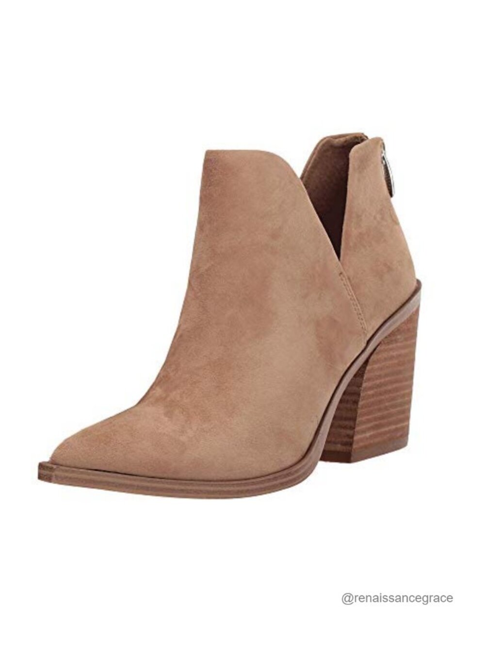 V Cutout Pointed Toe Chunky Stacked Heel Ankle Booties Faux Suede